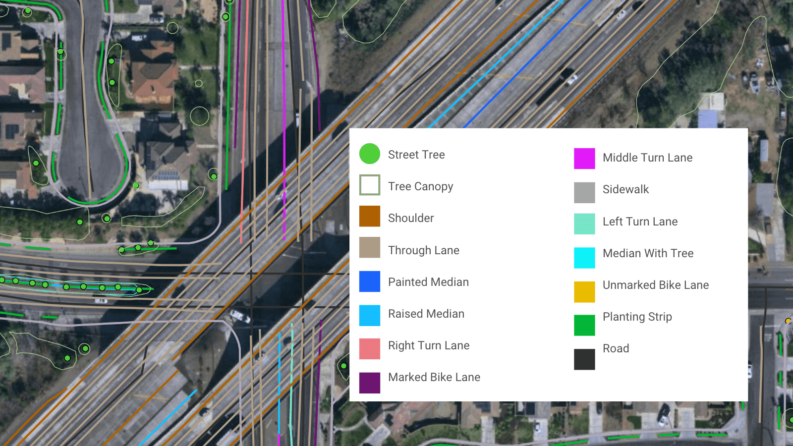 A sample of land cover data, including tree canopy and advanced transportation features, extracted from geospatial imagery by Ecopia in Rancho Cucamonga, California