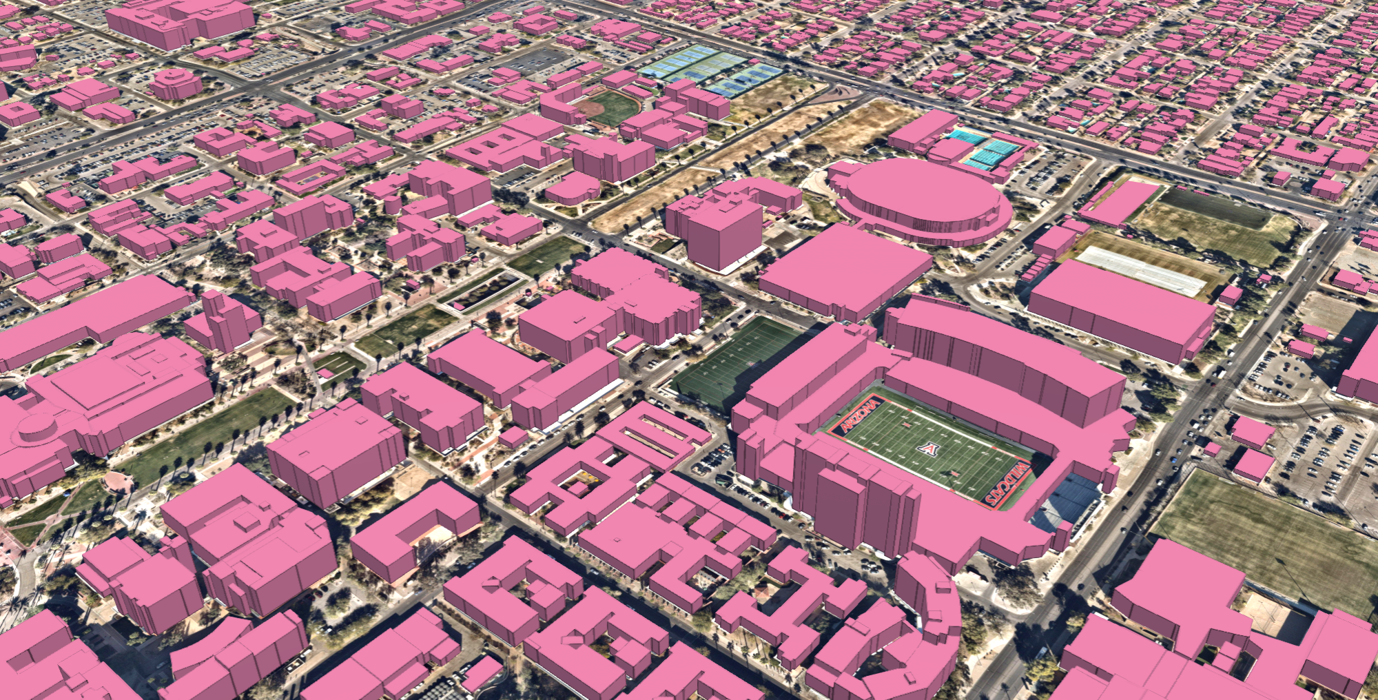 A sample of Ecopia’s 3D building data illustrating how 3D building data can help distinguish buildings of varying heights and densities, information that 2D maps alone can’t provide.