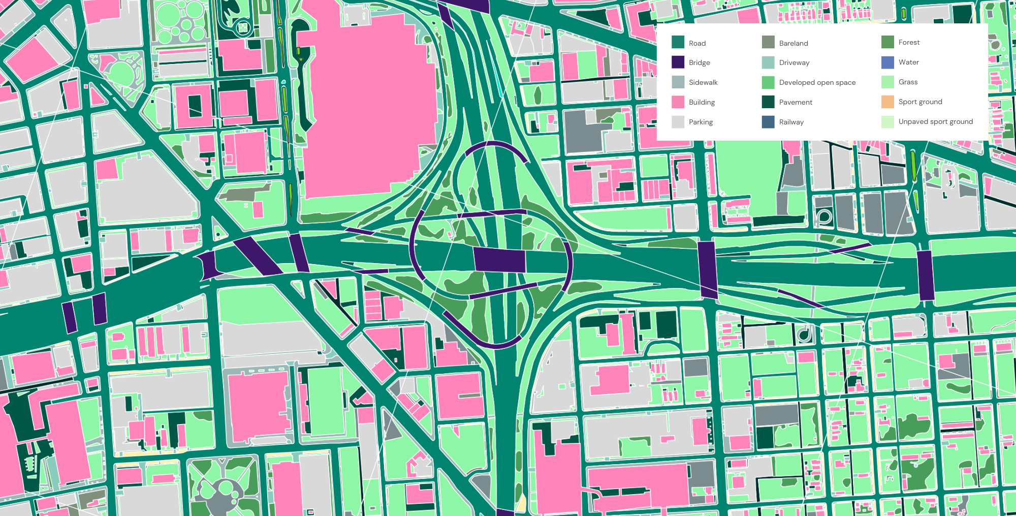 A sample of the comprehensive dataset encompassing distinct pervious and impervious surfaces that Ecopia AI provided to the City of Detroit to inform stormwater mapping and stormwater utility fee (SUF) calculations.