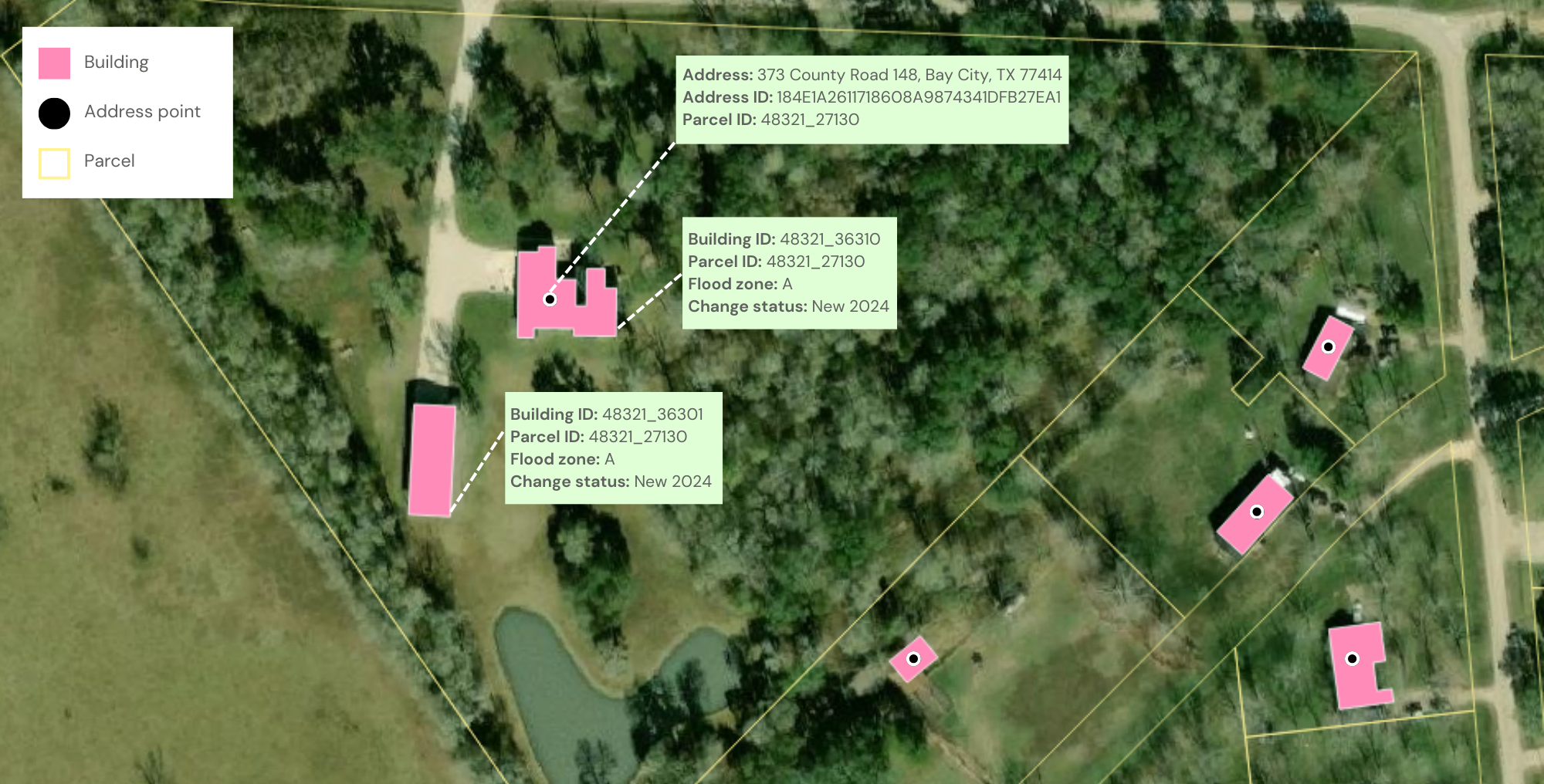 Ecopia’s Parcel Details API enables users to map property features, understand their relationships, and analyze important characteristics like change detection status and flood zone classification.