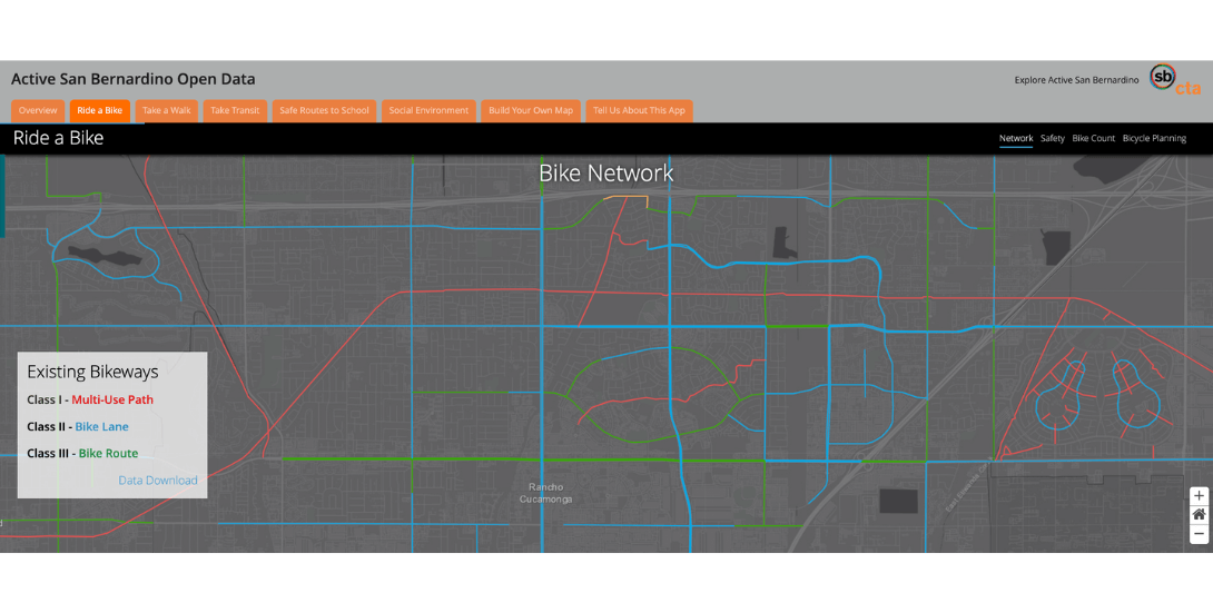 An example of an interactive bike network map San Bernardino County Transportation Authority shares with the public to facilitate safe, active transportation