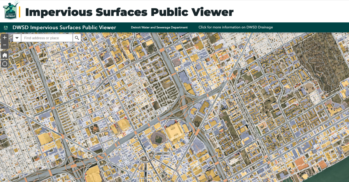The Detroit Water and Sewerage Department (DWSD) has a public viewer website allowing residents to view the impervious surface data associated with their property that is used for determining drainage charges.
