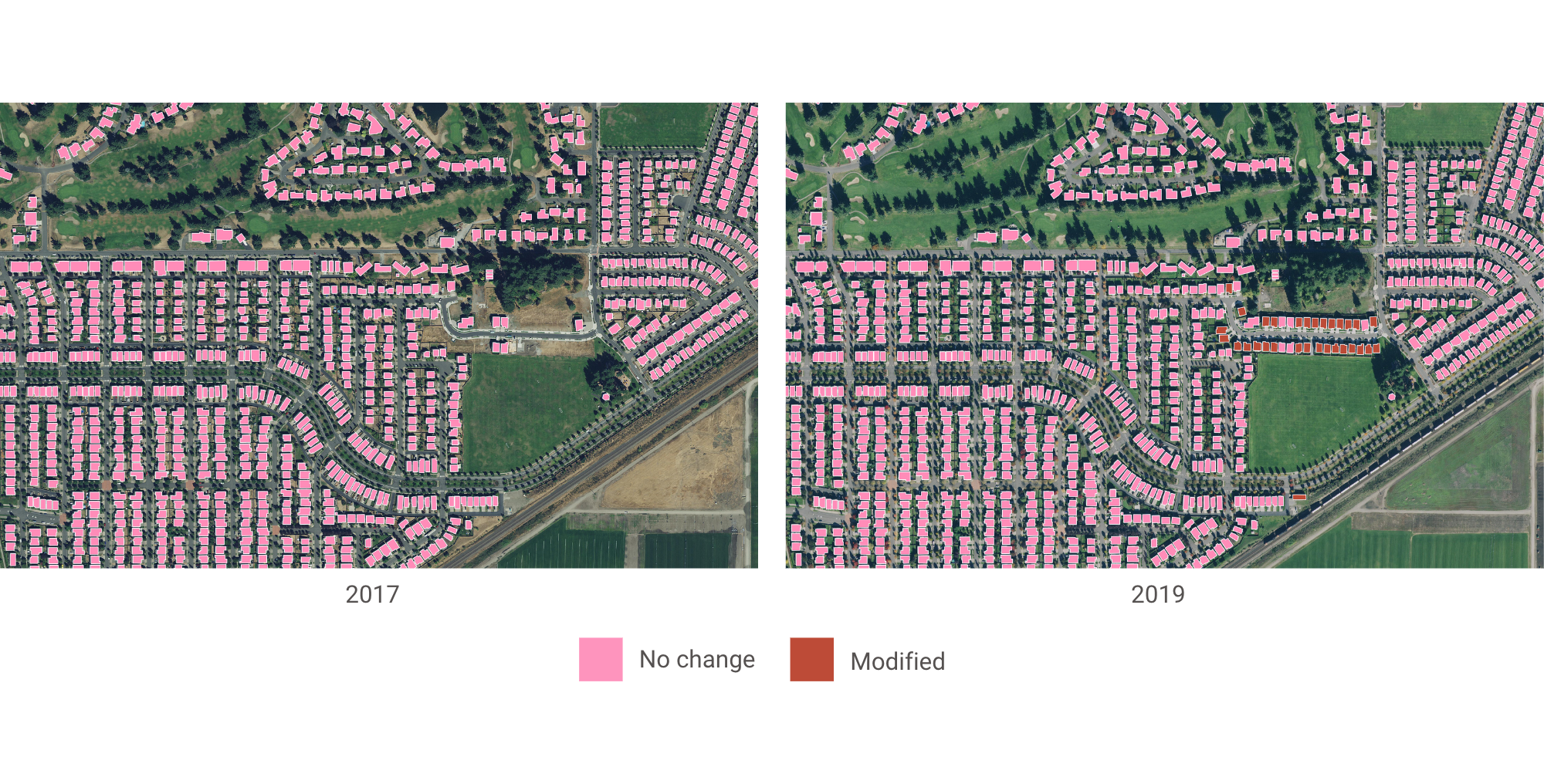 An example of Hexagon’s 30cm resolution aerial imagery being used to detect change in Olympia, Washington; high-quality data must be used for change detection to ensure resulting digital twins do not become stale