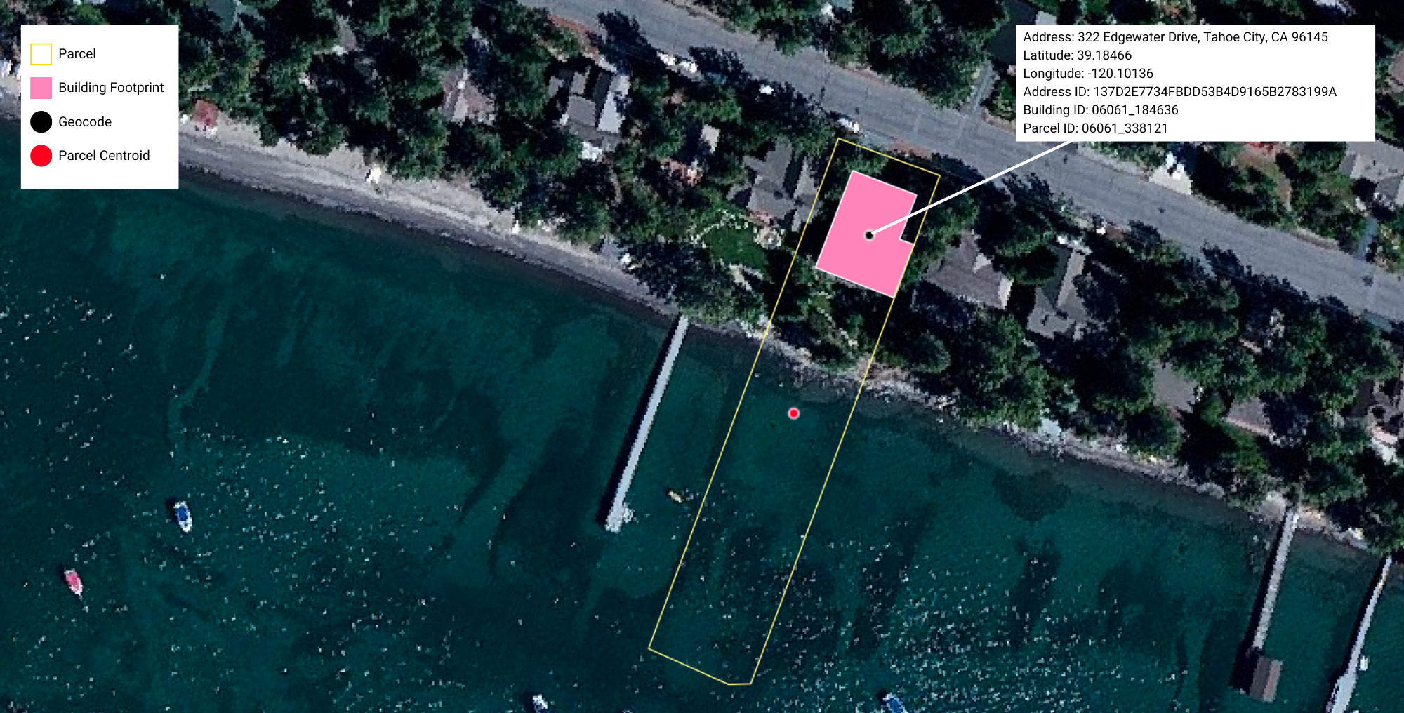 An example of how an incorrectly geocoded address can impact a carrier’s understanding of flood risk, and the underwriting process for that property; in this example, a parcel centroid geocode is within a lake, while the actual building lies inland.