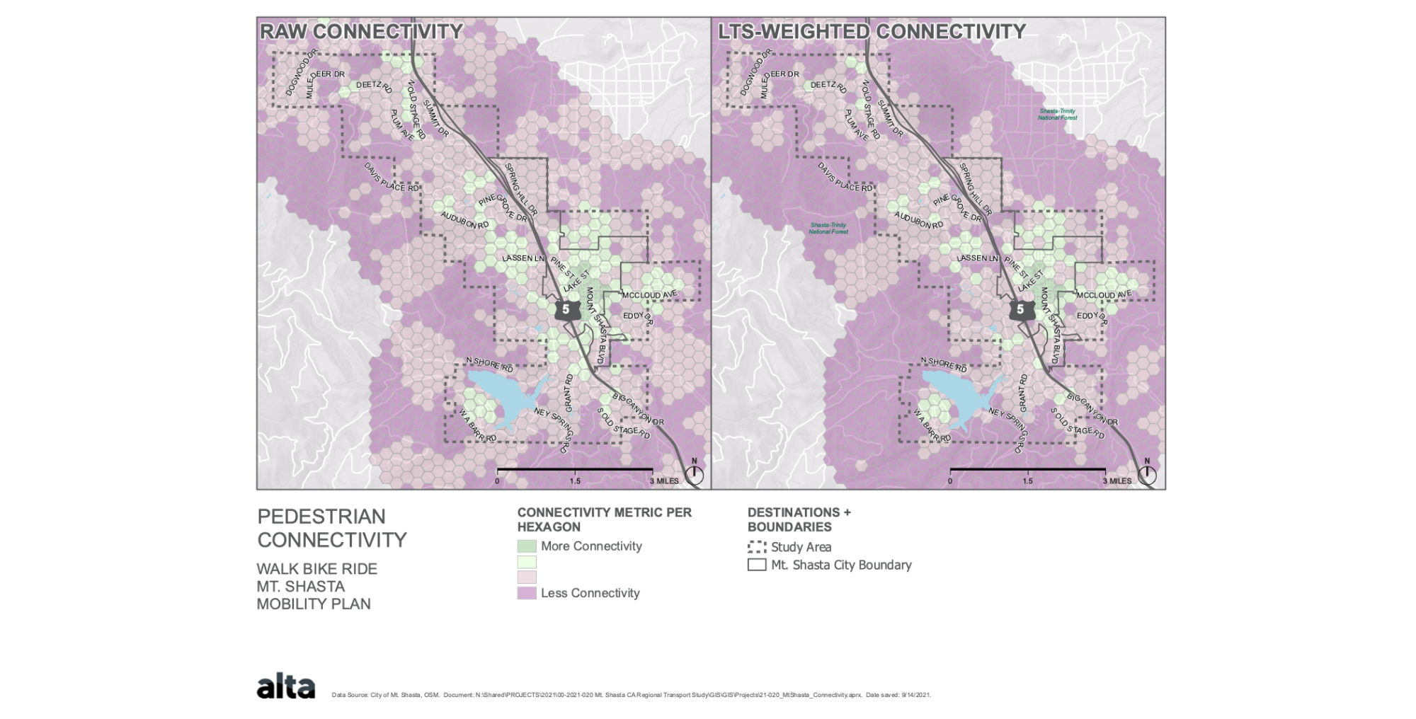 An example of the pedestrian connectivity analysis Alta performed for Mt. Shasta with Ecopia data.
