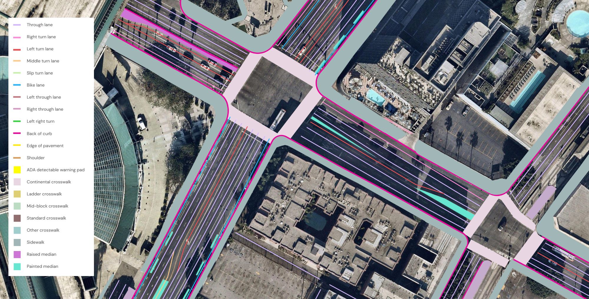 Ecopia's RoW extraction methodology can be used to develop high-precision maps of how existing RoW infrastructure is allocated from curb to curb. The above sample shows the level of detail extracted in Los Angeles, California.