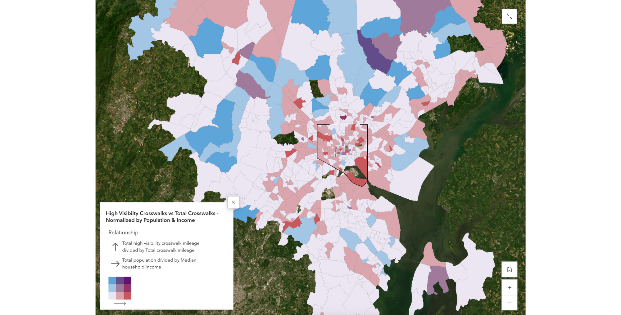 High visibility crosswalks vs total crosswalks, normalized by population and income in Baltimore, Maryland.