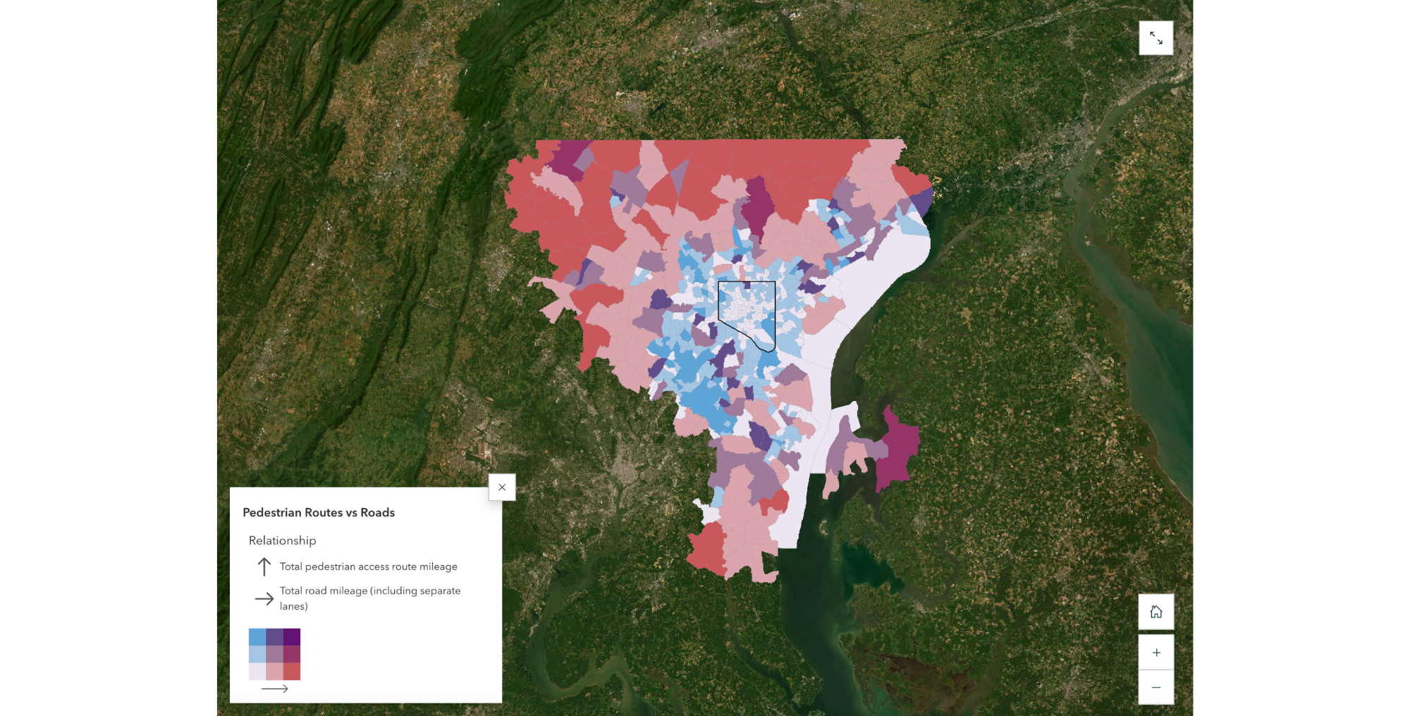 Pedestrian routes vs roads in Baltimore, Maryland.