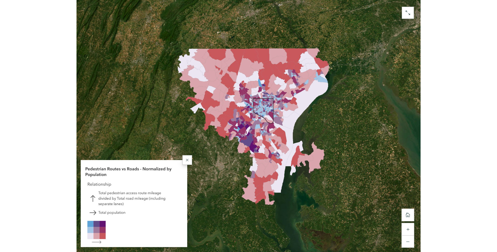 Pedestrian routes vs roads, normalized by population in Baltimore, Maryland.