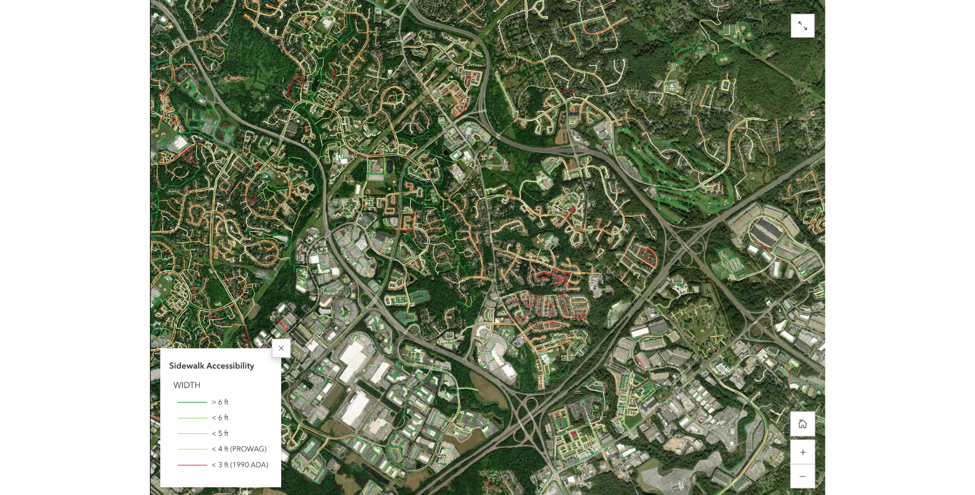 Sidewalks with width attribution extracted by Ecopia AI in Baltimore, Maryland.