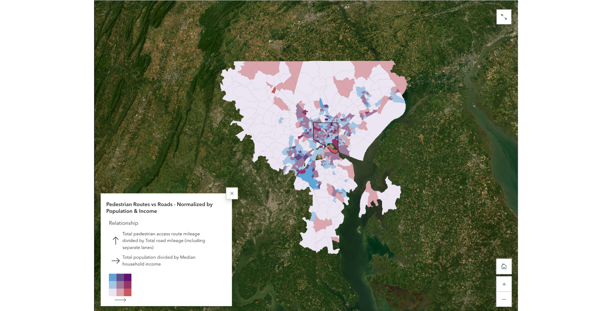 Pedestrian routes vs roads, normalized by population and income in Baltimore, Maryland.
