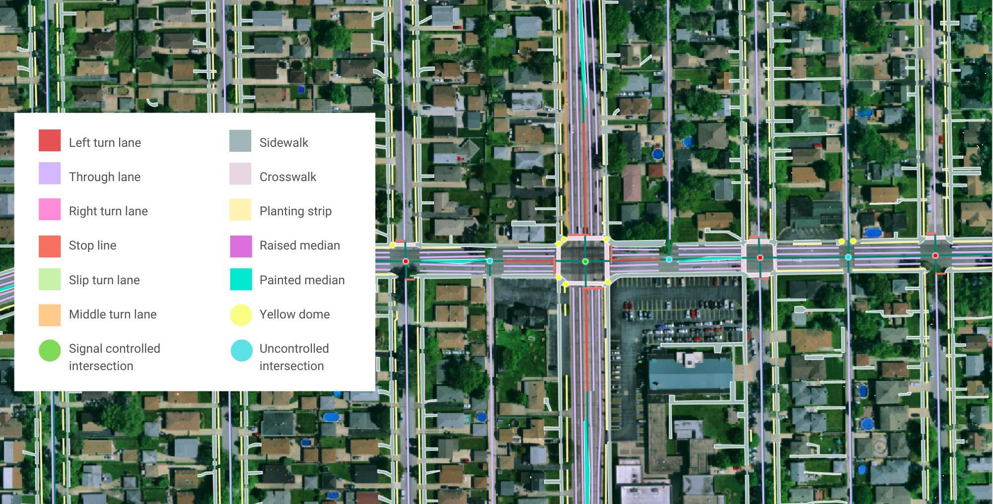A sample of transportation mapping features digitized by Ecopia AI for IDOT and CMAP to support multiple planning projects.