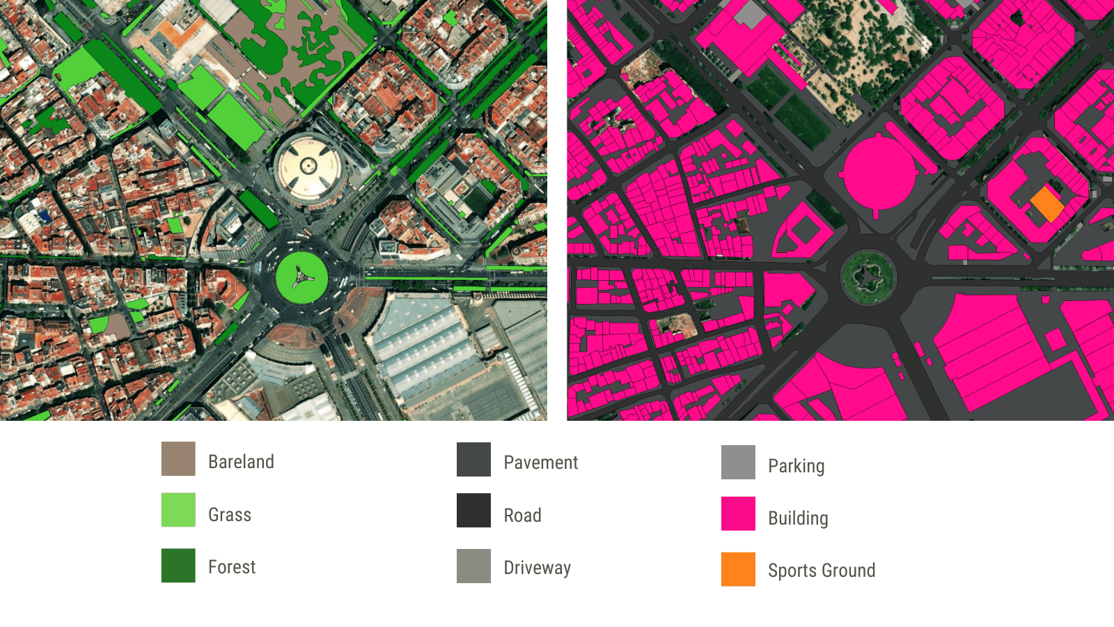 A sample of pervious surfaces (left) and impervious surfaces (right) in Barcelona, Spain