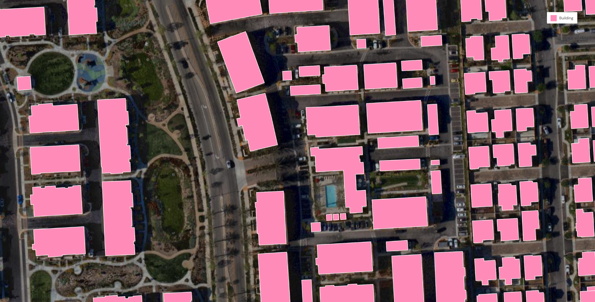 A sample of high-precision building footprint data in Menifee, California.