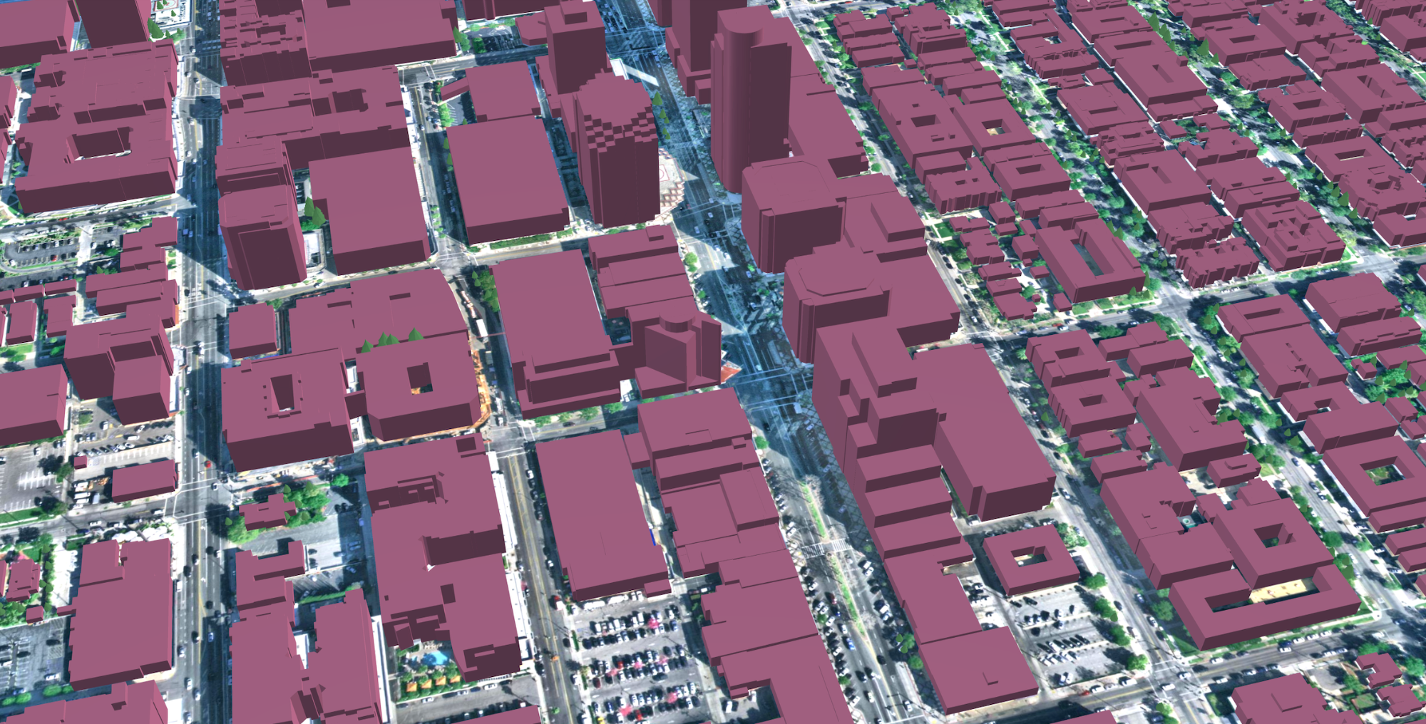 A sample of 3D building and tree data in Glendale, California.