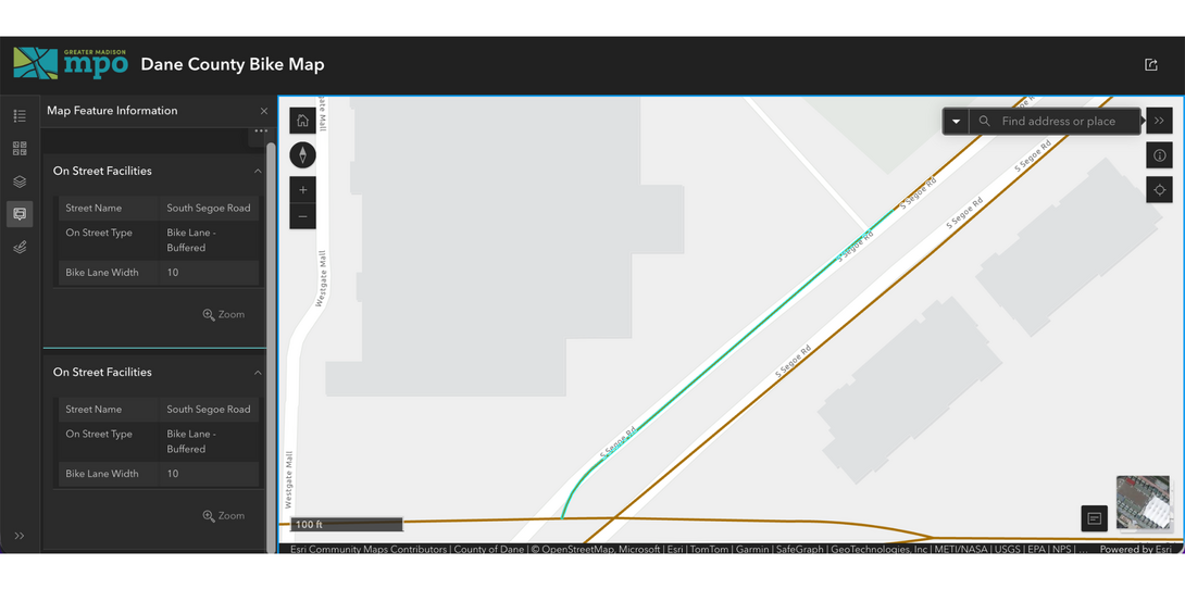 A sample of the public-facing, interactive bike facility map maintained by the Greater Madison MPO.