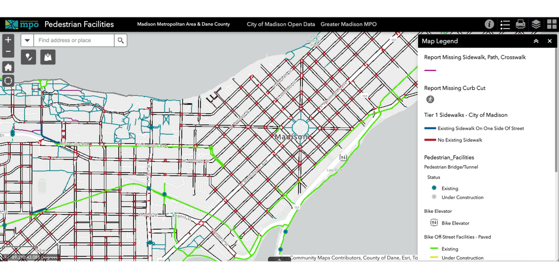 An example of the interactive pedestrian facilities map maintained by the Greater Madison MPO.