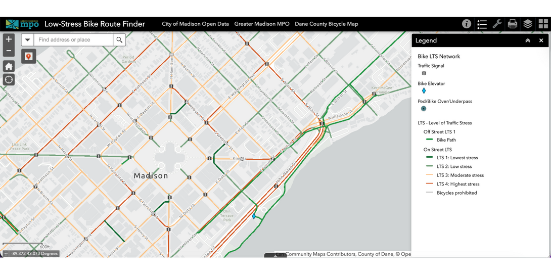 An example of the interactive low-stress bike route finder map maintained by the Greater Madison MPO.