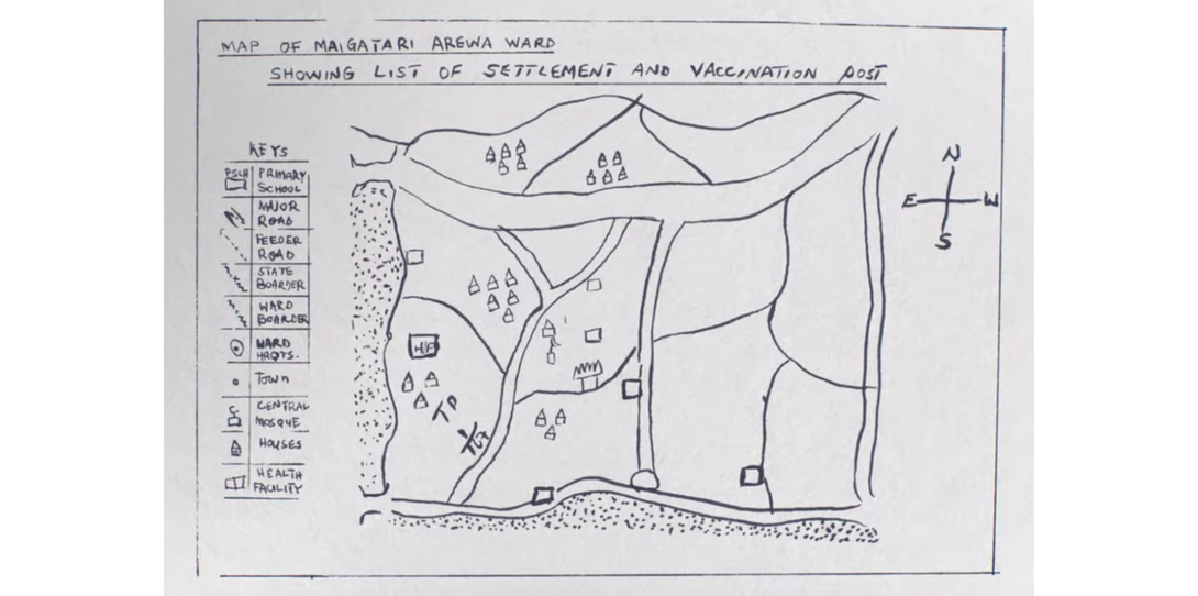 Hand-drawn map of Maigatari Arewa Ward in Sokoto, Nigeria provided by the Gates Foundation and featured in Netflix docuseries "Inside Bill’s Brain"