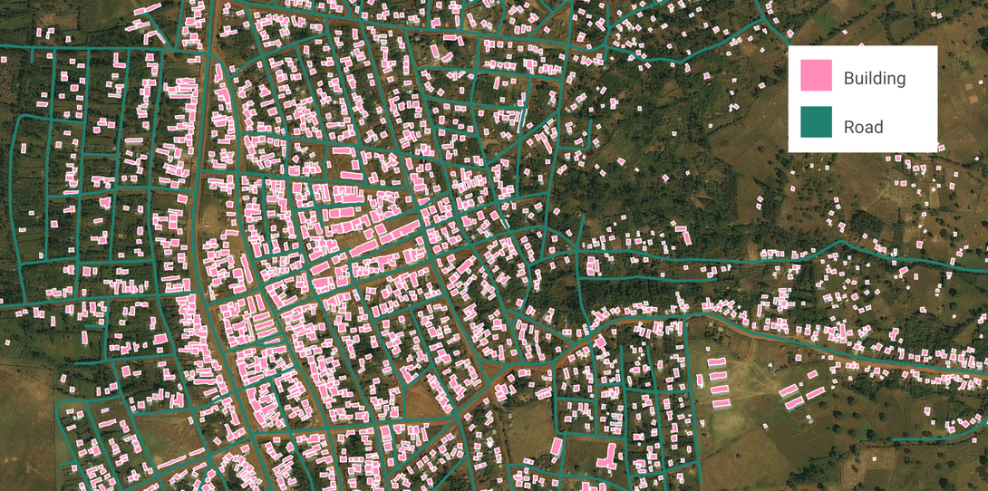 A sample of buildings and roads extracted by Ecopia in Ethiopia