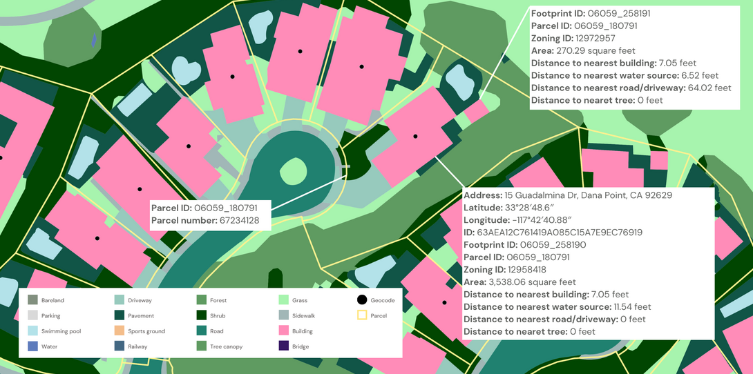 A sample of the Ecopia land cover, parcel, and geocoding data provided to CAL FIRE in Dana Point.