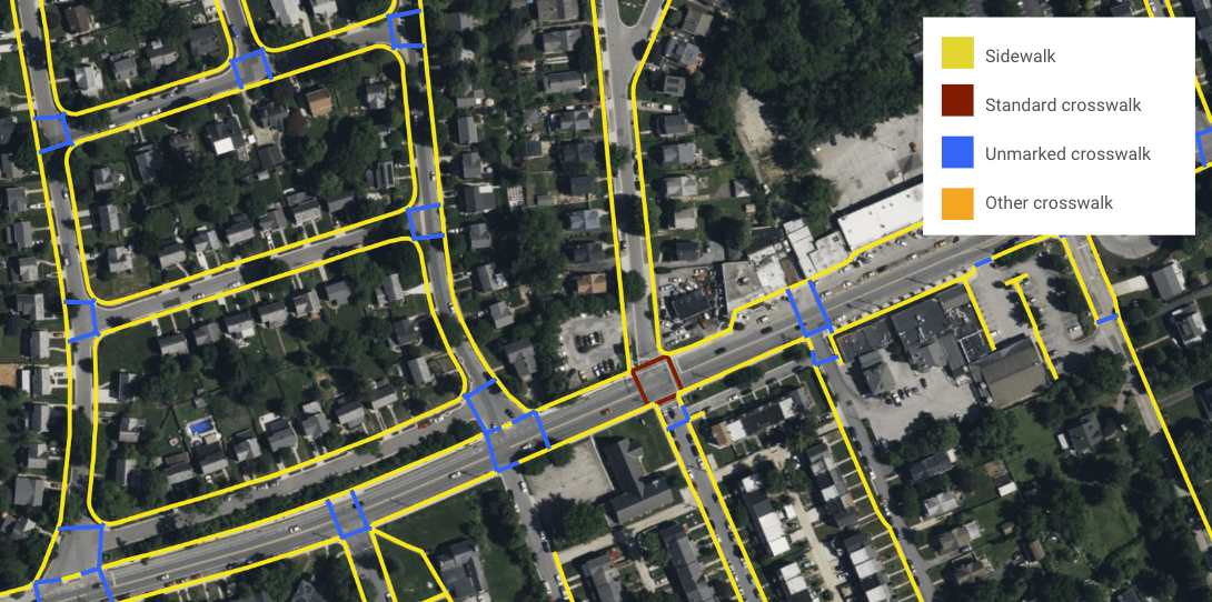 A sample of the pedestrian mobility features offered to Baltimore by Ecopia AI