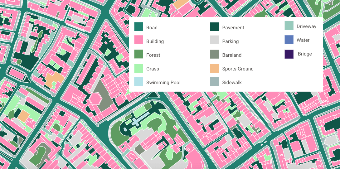 A sample of 2D land cover data in Dublin digitized by Ecopia’s AI-based mapping systems and Bluesky’s imagery
