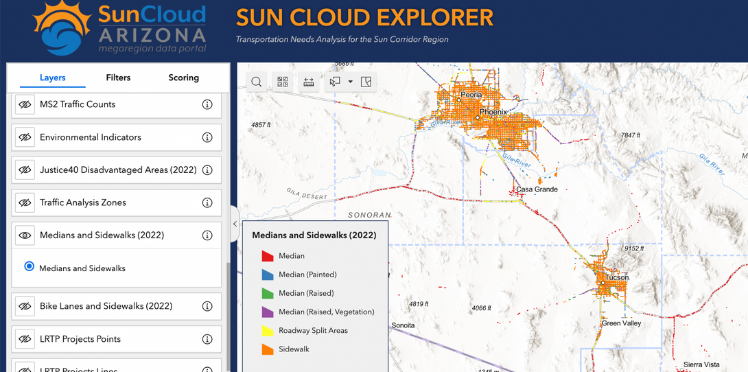 A sample of the region-wide median and sidewalk data provided by Ecopia for the Sun Corridor area, helping planners easily assess needs and assign community transportation scores based on distribution of current infrastructure and accessibility.