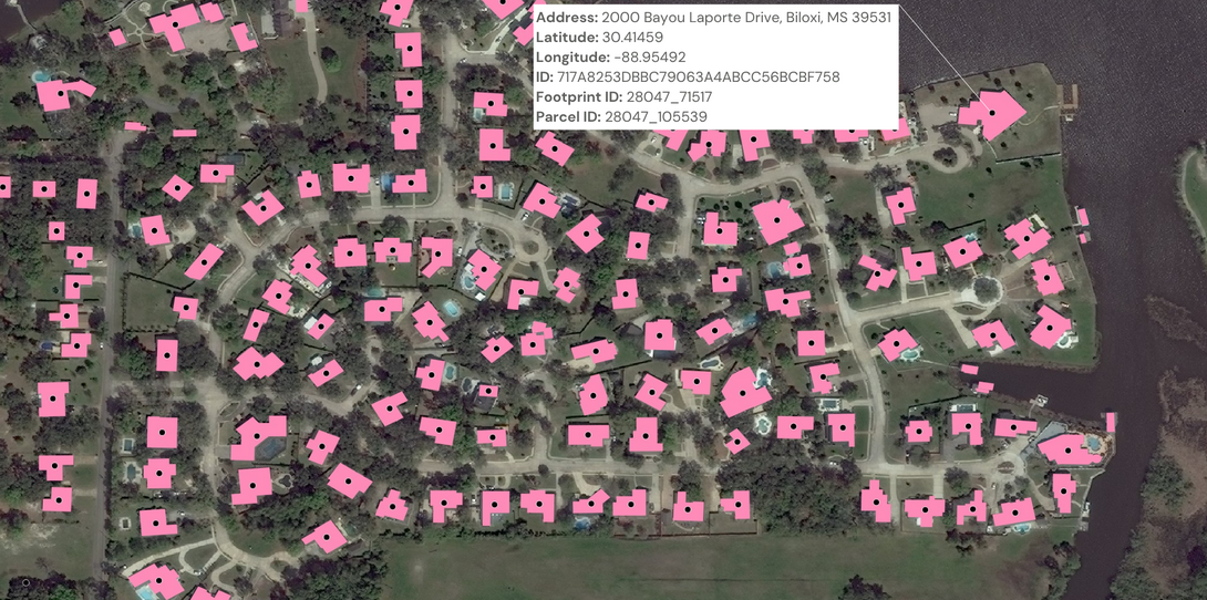 A sample of the Ecopia building footprint and address data delivered to the State of Mississippi.