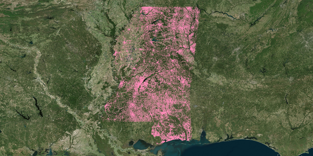A comprehensive map of all building and address points in Mississippi, created by Ecopia AI.