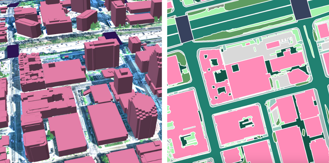 Ecopia’s AI-based mapping systems digitize comprehensive, accurate, and up-to-date land cover data at scale in both 3D (left) and 2D (right), creating a digital representation of the physical world.