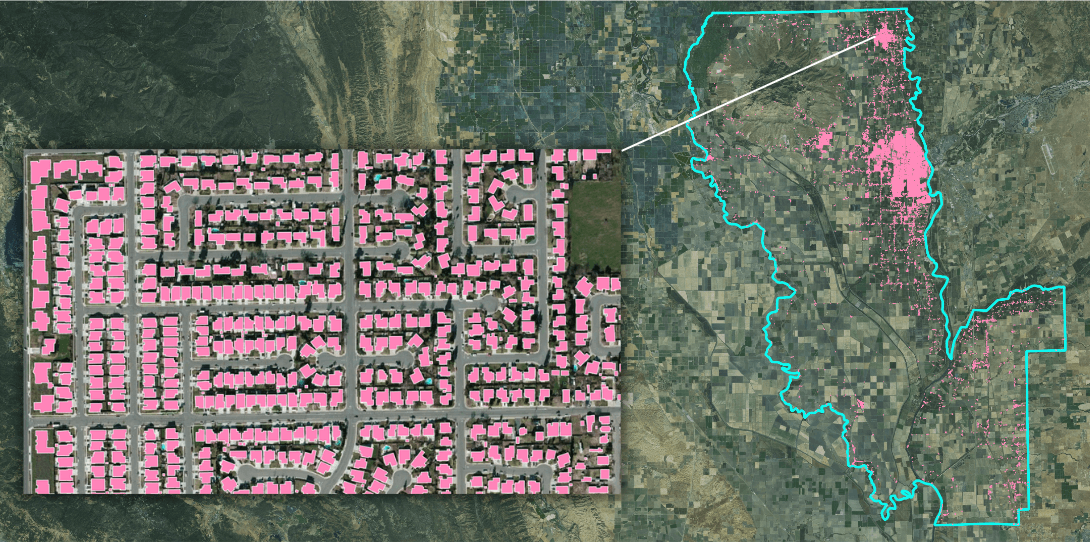 A sample of the 54,000 building footprints extracted in Sutter County by Ecopia