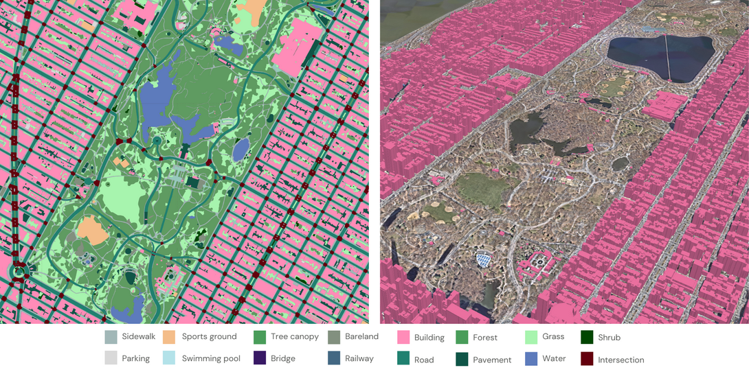 A sample of the high-precision 2D and 3D map data produced by Ecopia AI from Nearmap imagery in New York, New York.