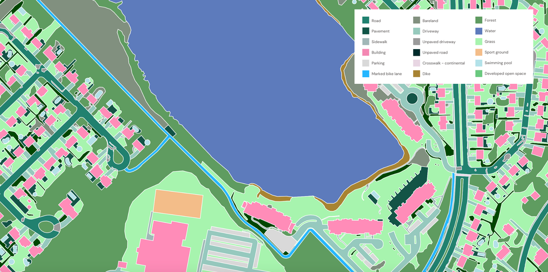 A sample of land cover data extracted by Ecopia AI in Montreal, Canada.