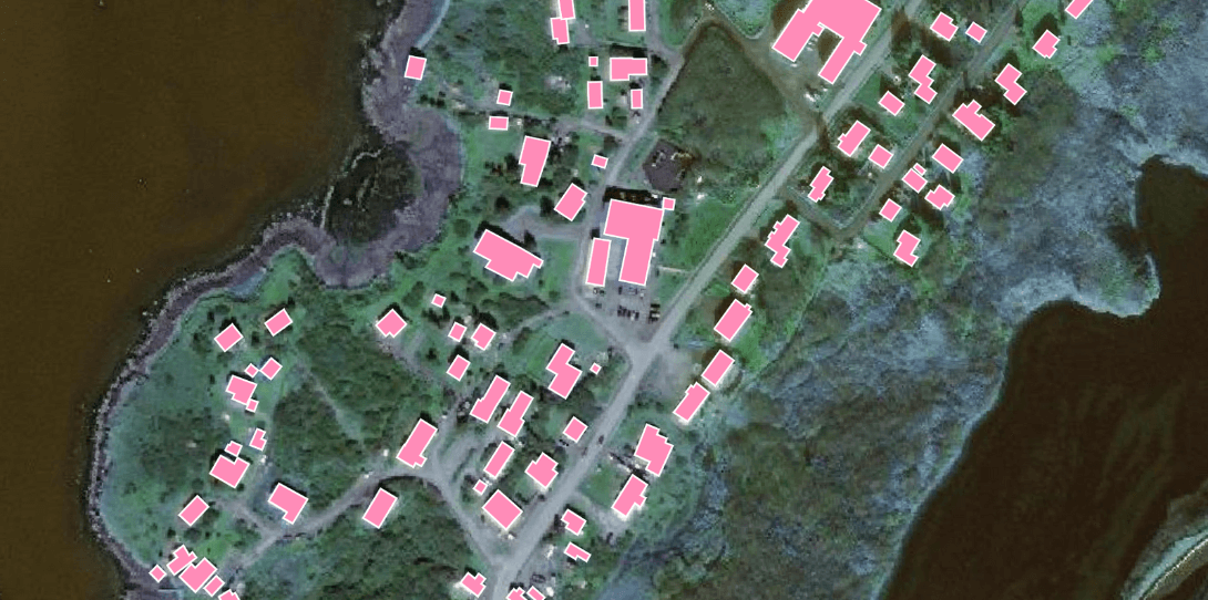 A sample of building footprints extracted by Ecopia’s AI-based mapping systems in Sand Point, Alaska