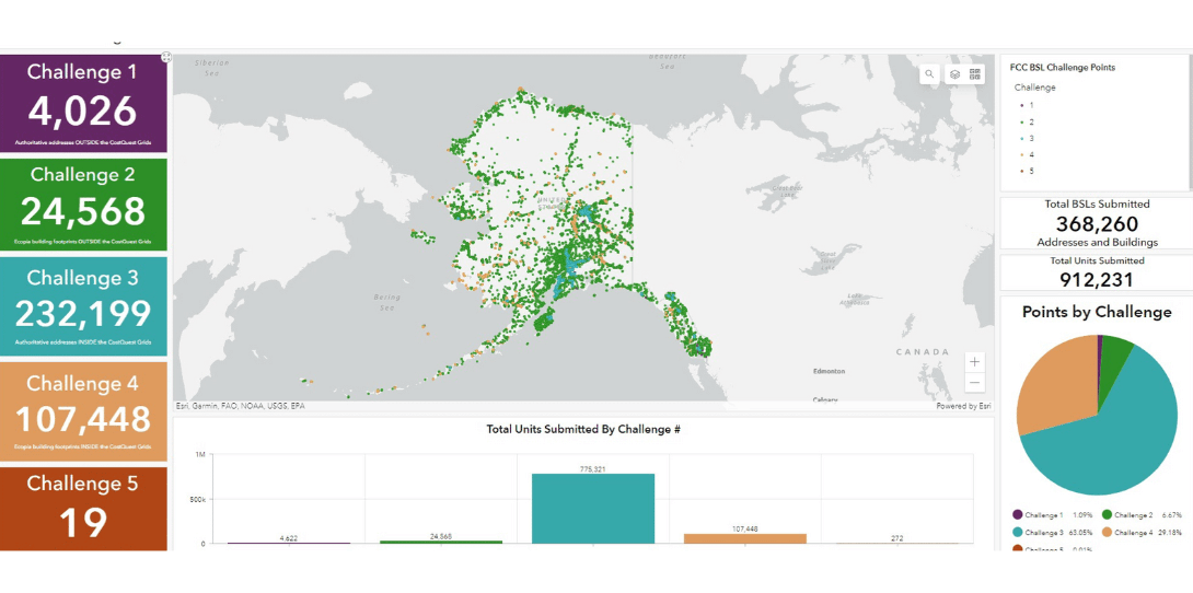 A snapshot of the Alaska broadband serviceable location (BSL) dashboard created by Dewberry for the State of Alaska using point locations derived from Ecopia building footprint data