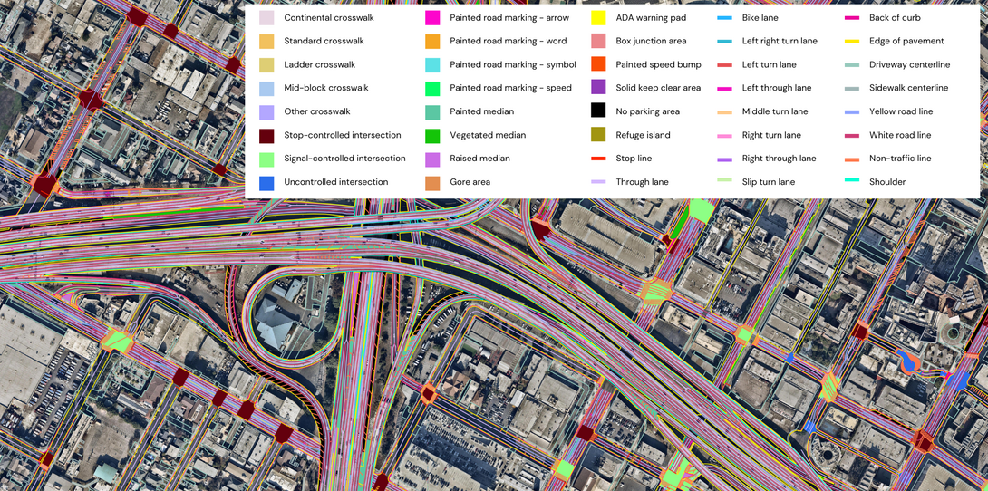A sample of data layers included in Ecopia’s off-the-shelf Advanced Transportation Features dataset.