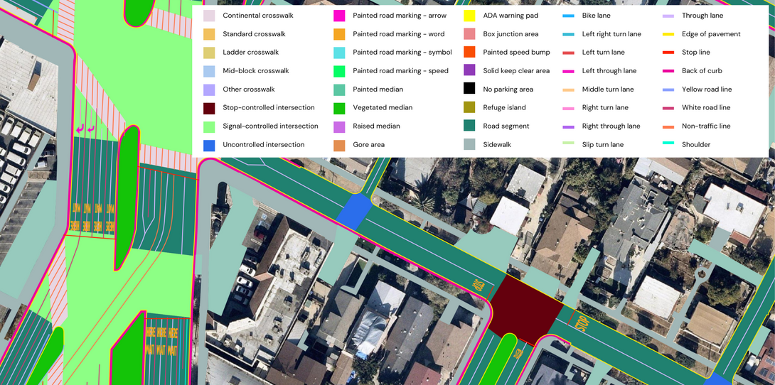 Ecopia’s off-the-shelf Advanced Transportation Features dataset includes planimetric vector features for road lanes, painted road markings, medians, and more.