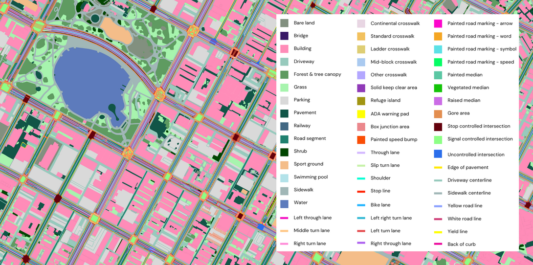 A sample of land cover and transportation features extracted by Ecopia from Nearmap imagery in Los Angeles, California.
