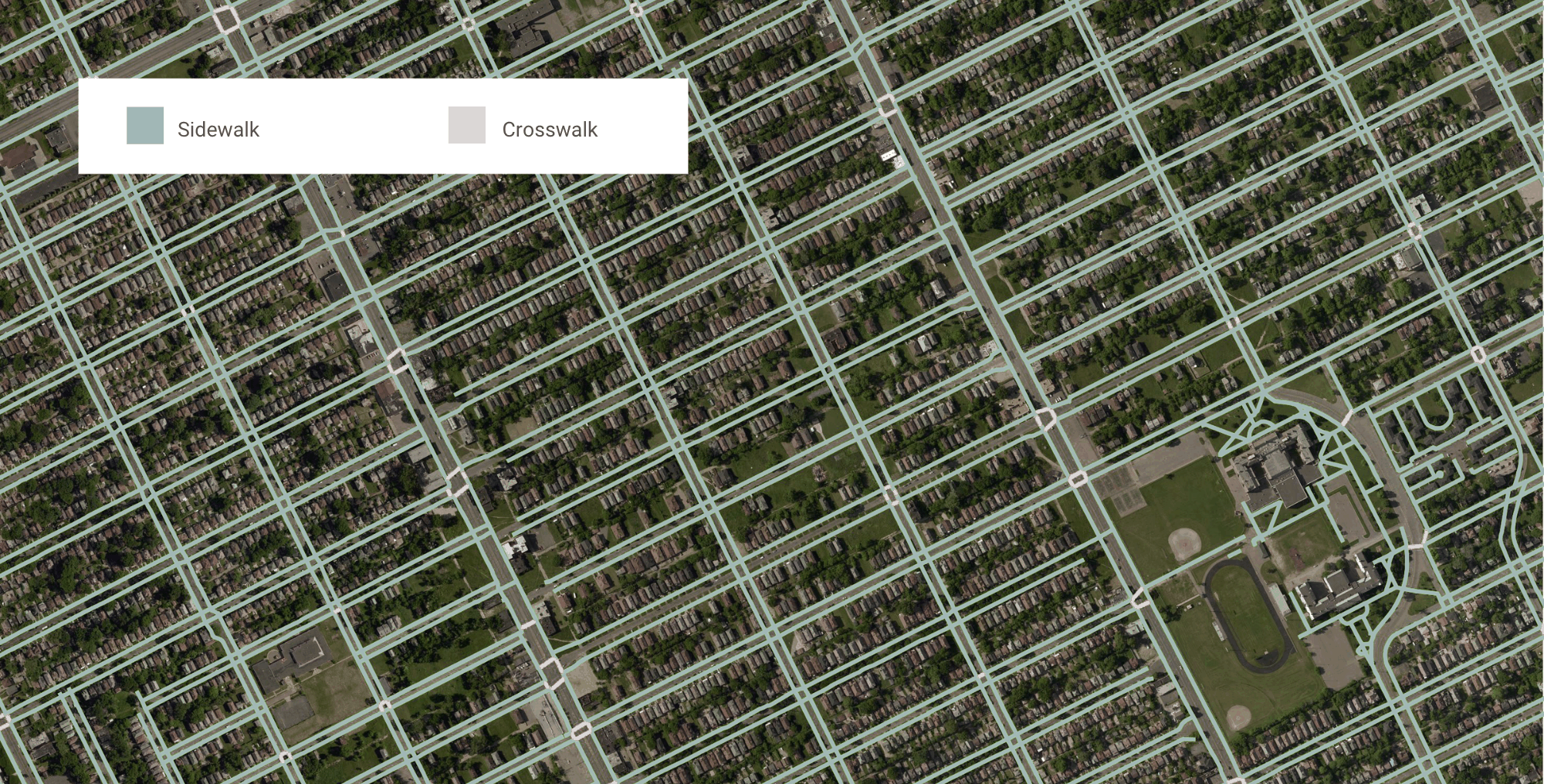 A sample of sidewalk and crosswalk data in southeastern Michigan used for pedestrian RoW mapping