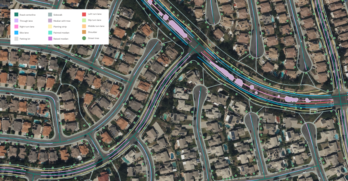 A sample of detailed features Ecopia extracted in San Bernardino County, California which included street trees and tree canopy data.