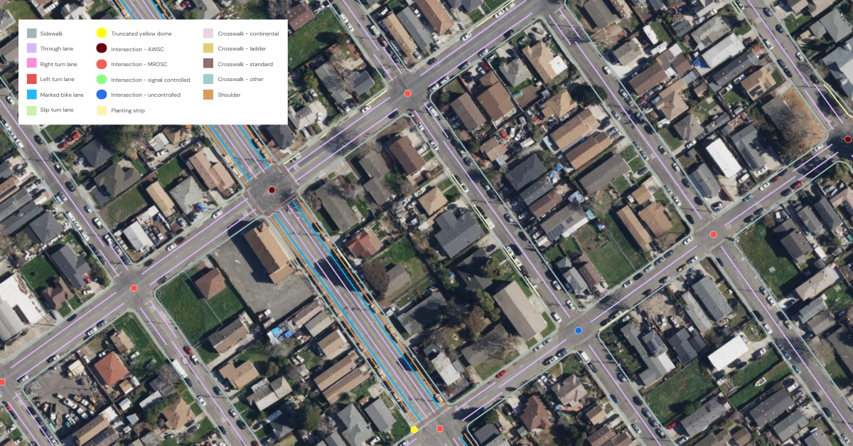 A sample of the advanced transportation features extracted by Ecopia AI in Contra Costa County, California. The dataset includes bike lanes, various crosswalk types, and more, offering a comprehensive view of bike and pedestrian infrastructure.