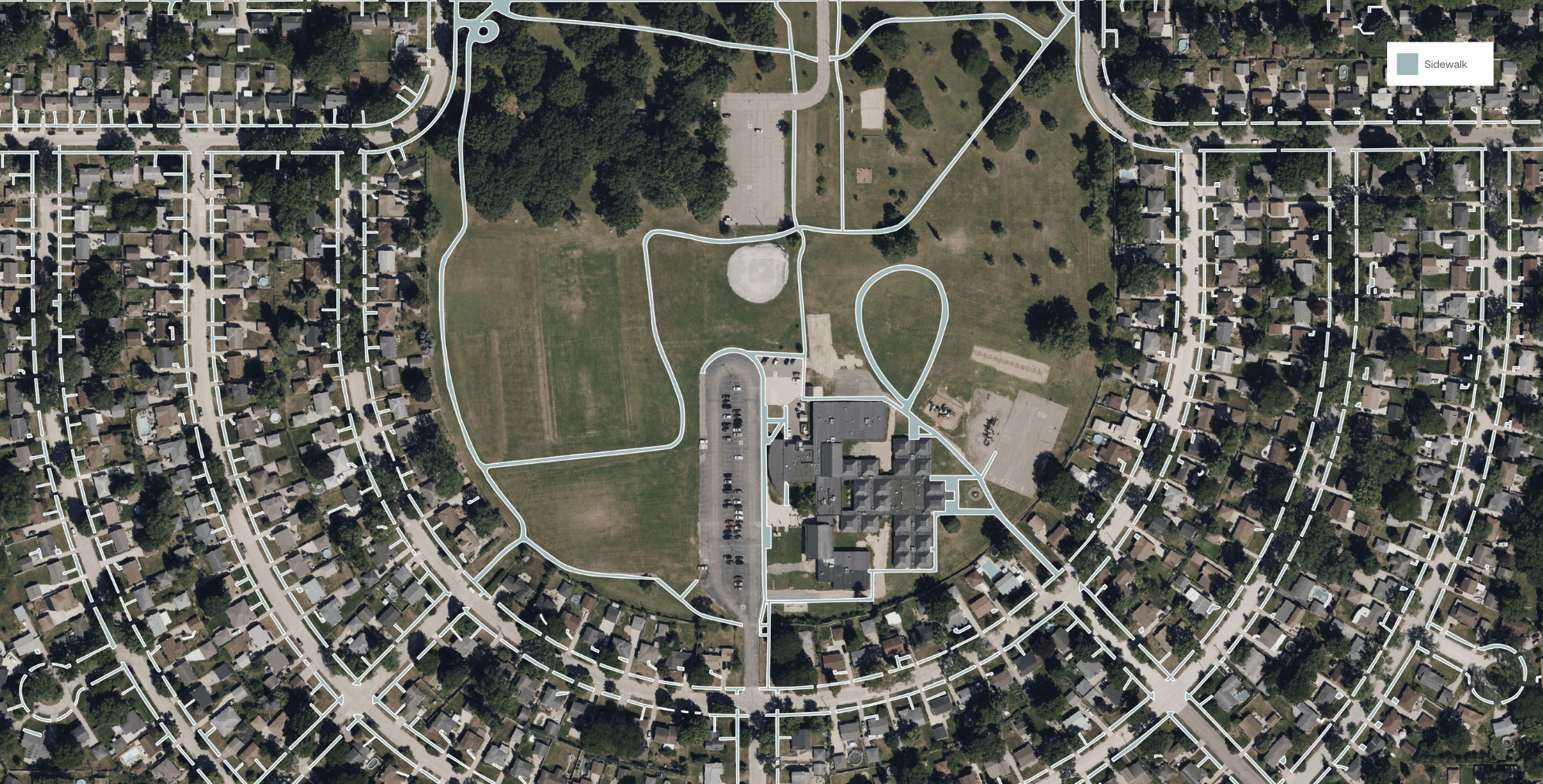 A sample of the sidewalk data extracted by Ecopia AI in Wayne County, Michigan.