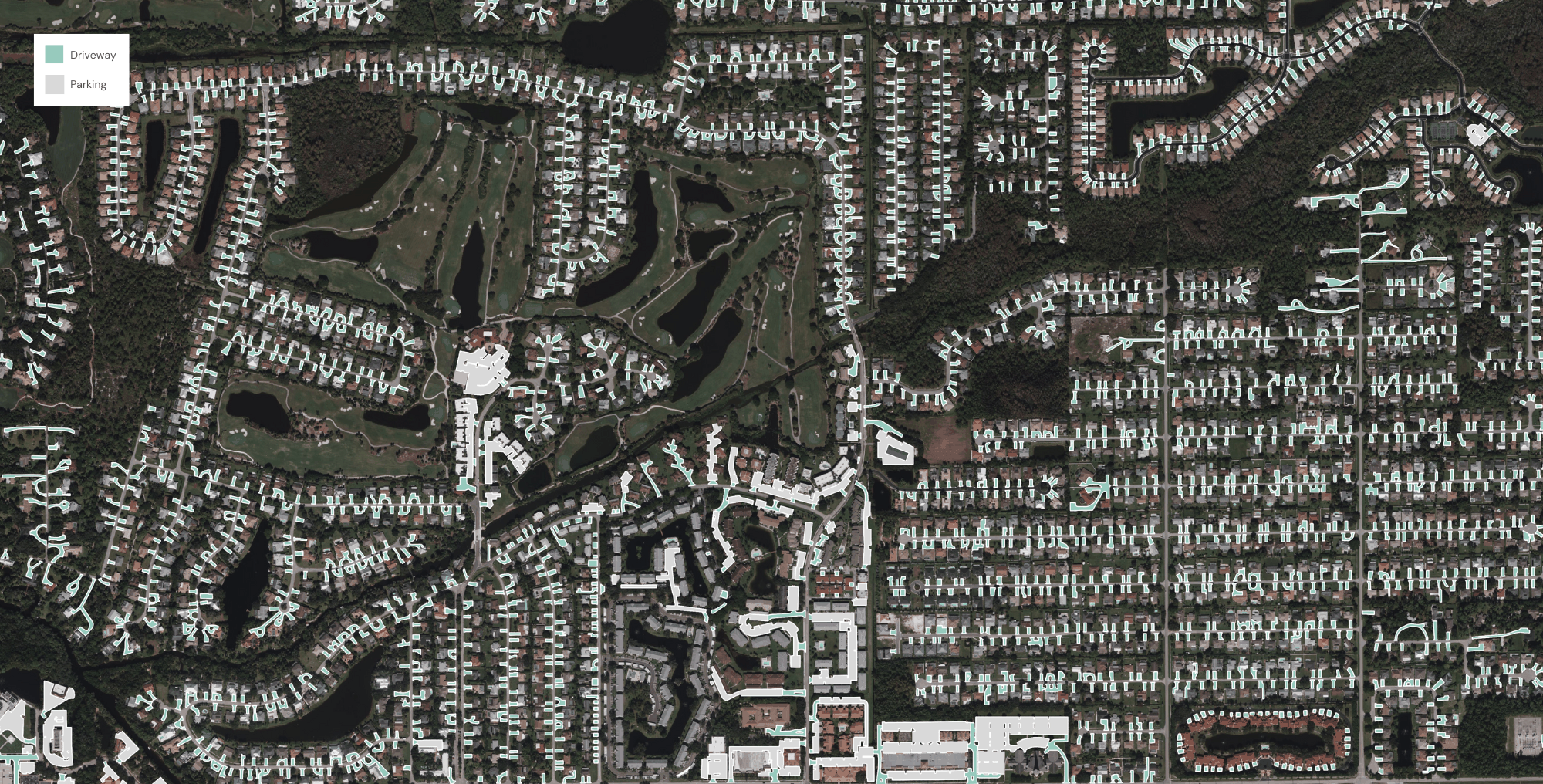 A sample of parking lots and driveways extracted by Ecopia AI for emergency response optimization in Collier County, Florida.