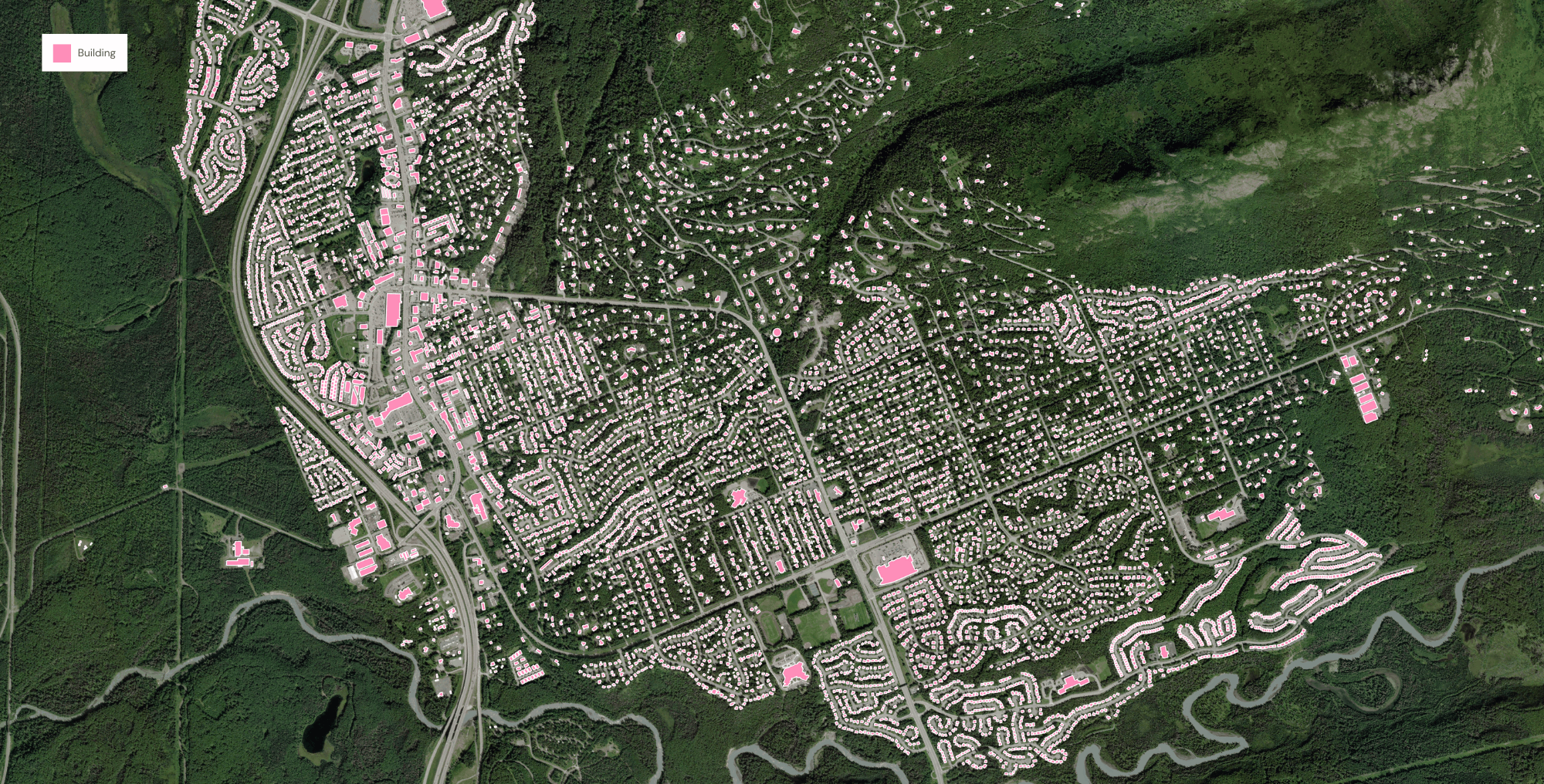 A sample of building footprints extracted by Ecopia’s AI-based mapping systems in Eagle River, Alaska.
