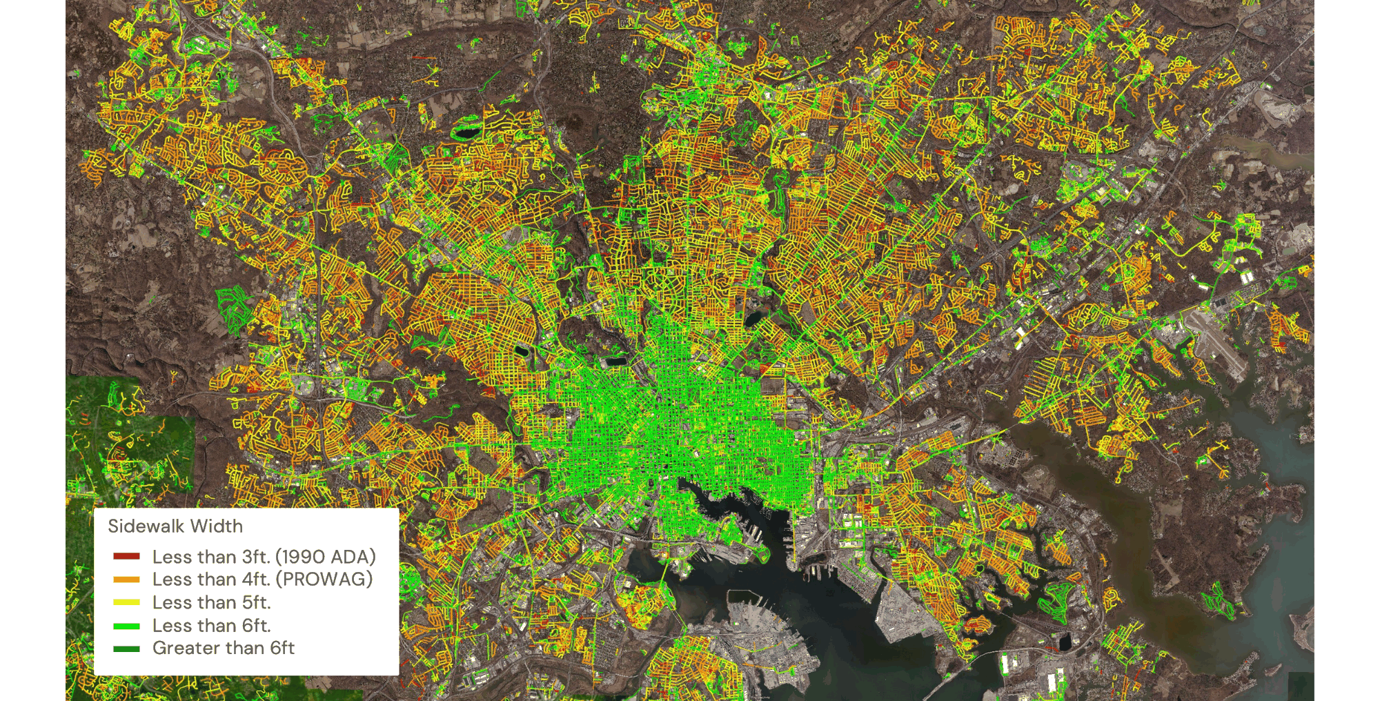 A sample of the detailed sidewalk data that Ecopia extracted in Baltimore by width.