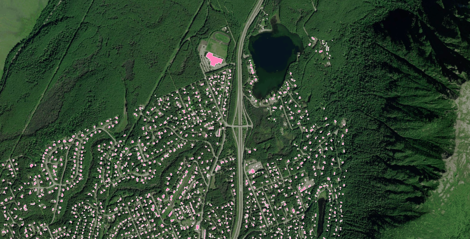 A sample of building footprints extracted by Ecopia AI in Chugiak, Alaska.