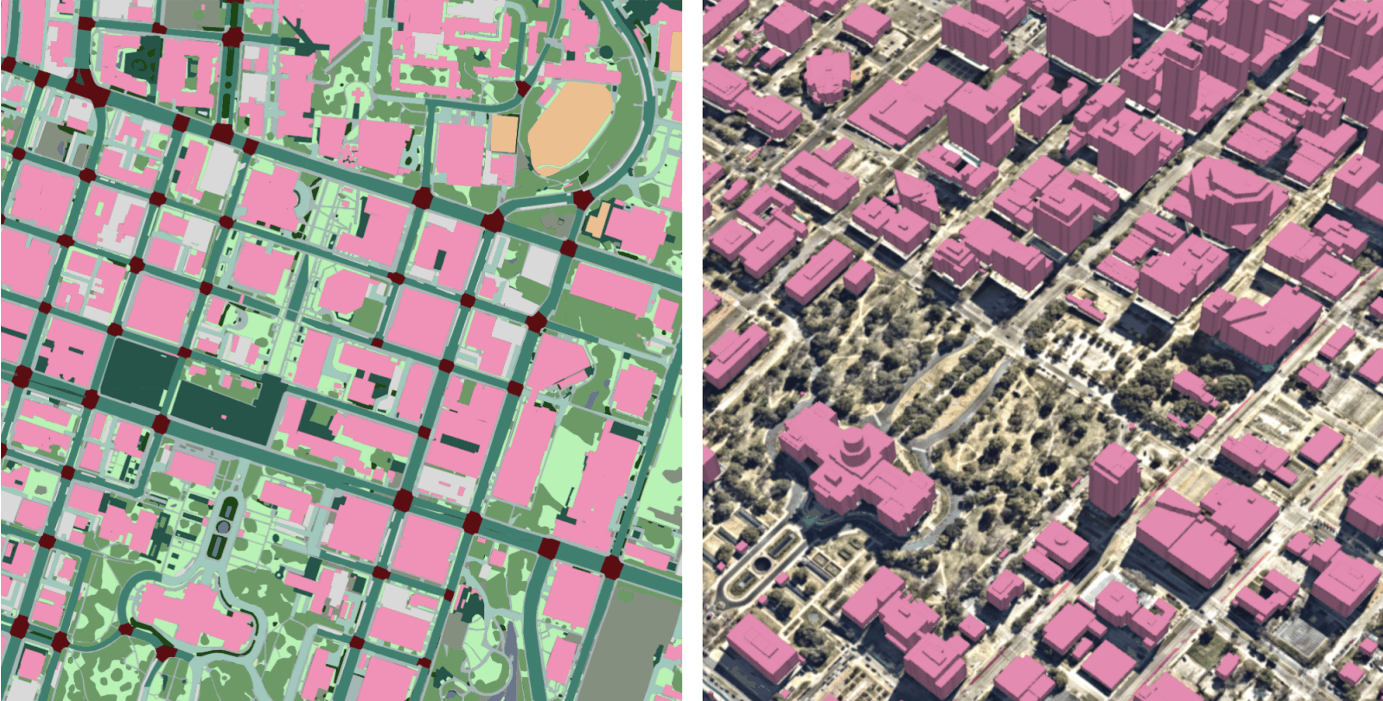 A sample of the high-precision 2D and 3D map data produced by Ecopia AI from Nearmap imagery in Austin, Texas.