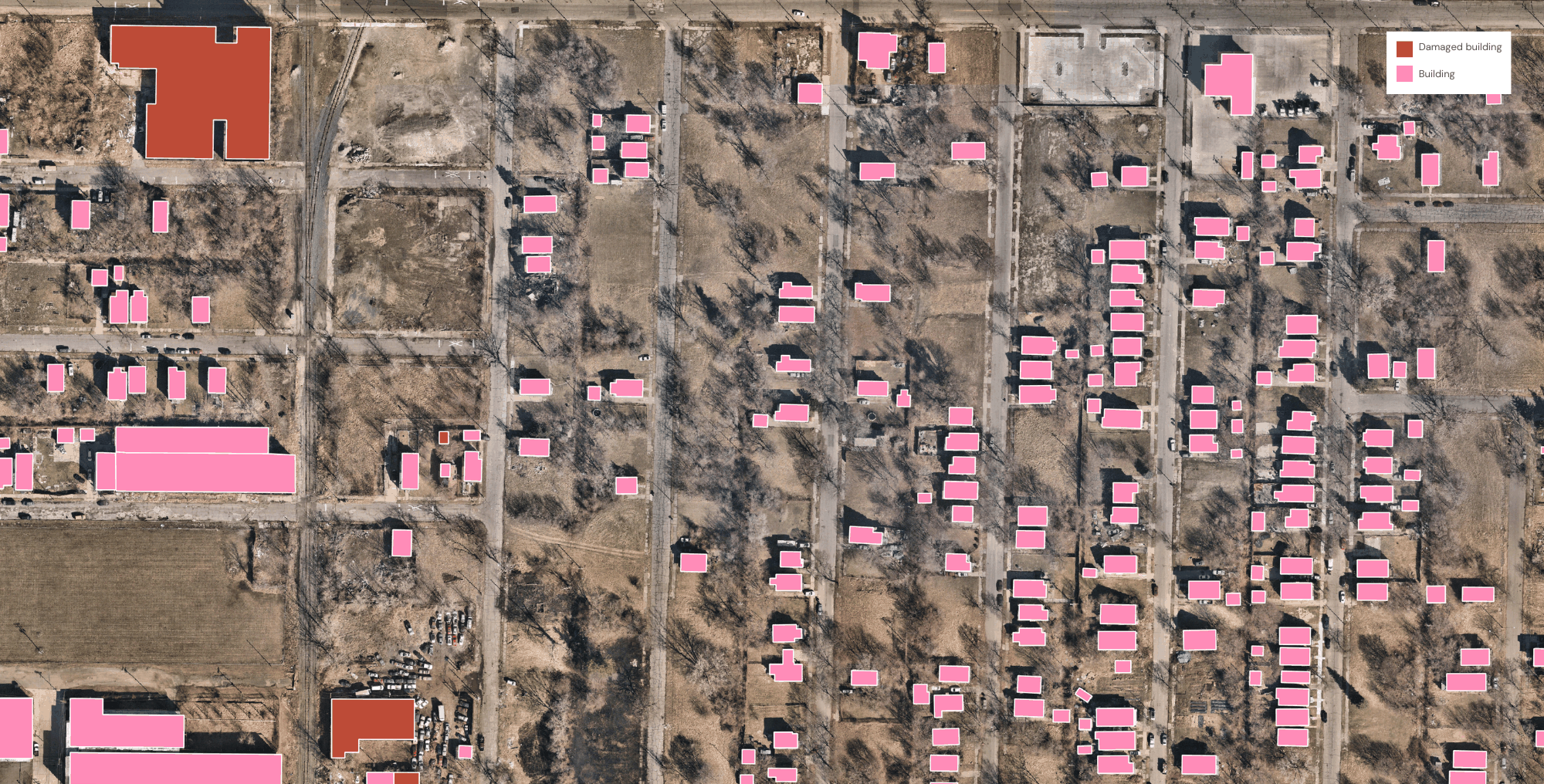 A sample of damaged building change detection mapping in Detroit, Michigan.