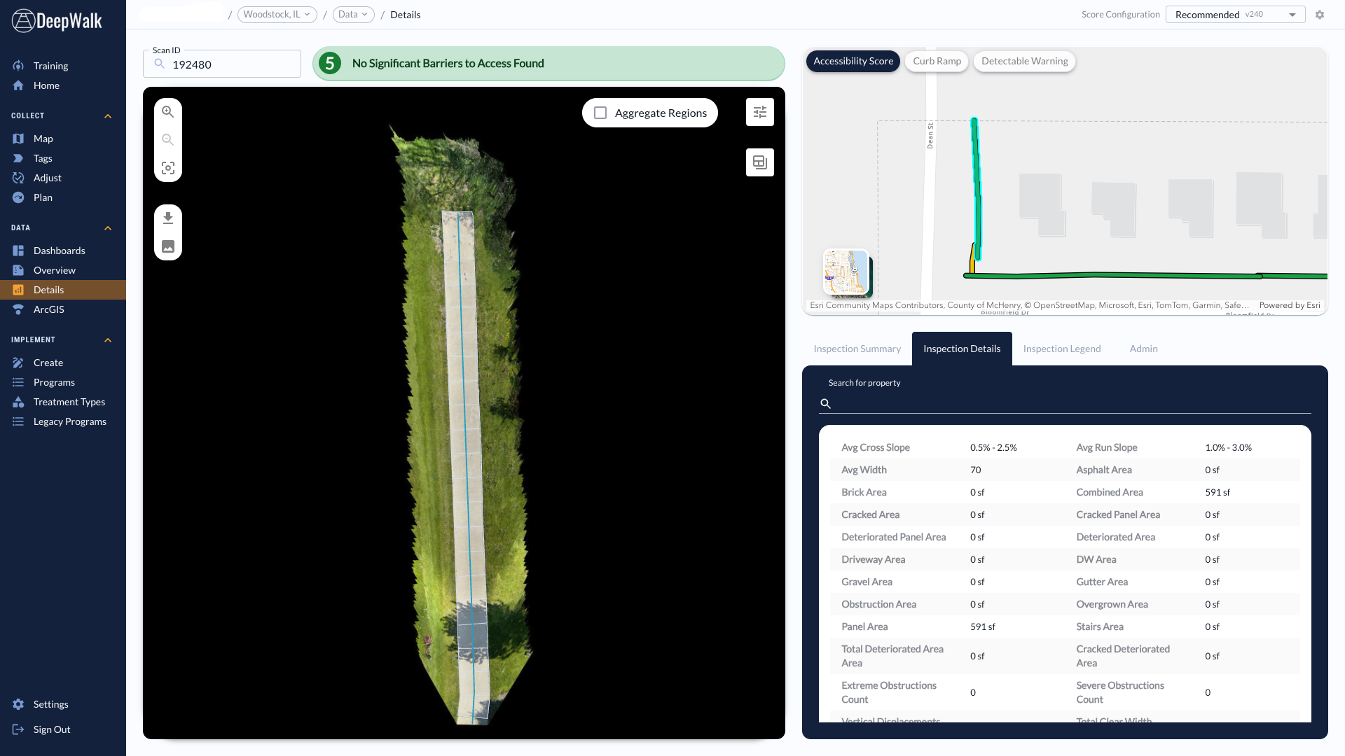 A DeepWalk inspection result for a sidewalk segment with an accessibility score and detailed measurements